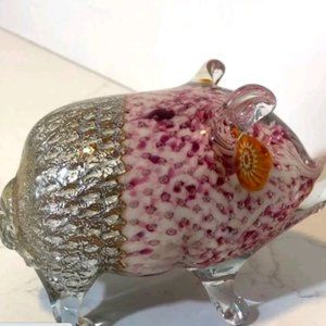 Murano Glass Art Decor Pink & Silver Pig